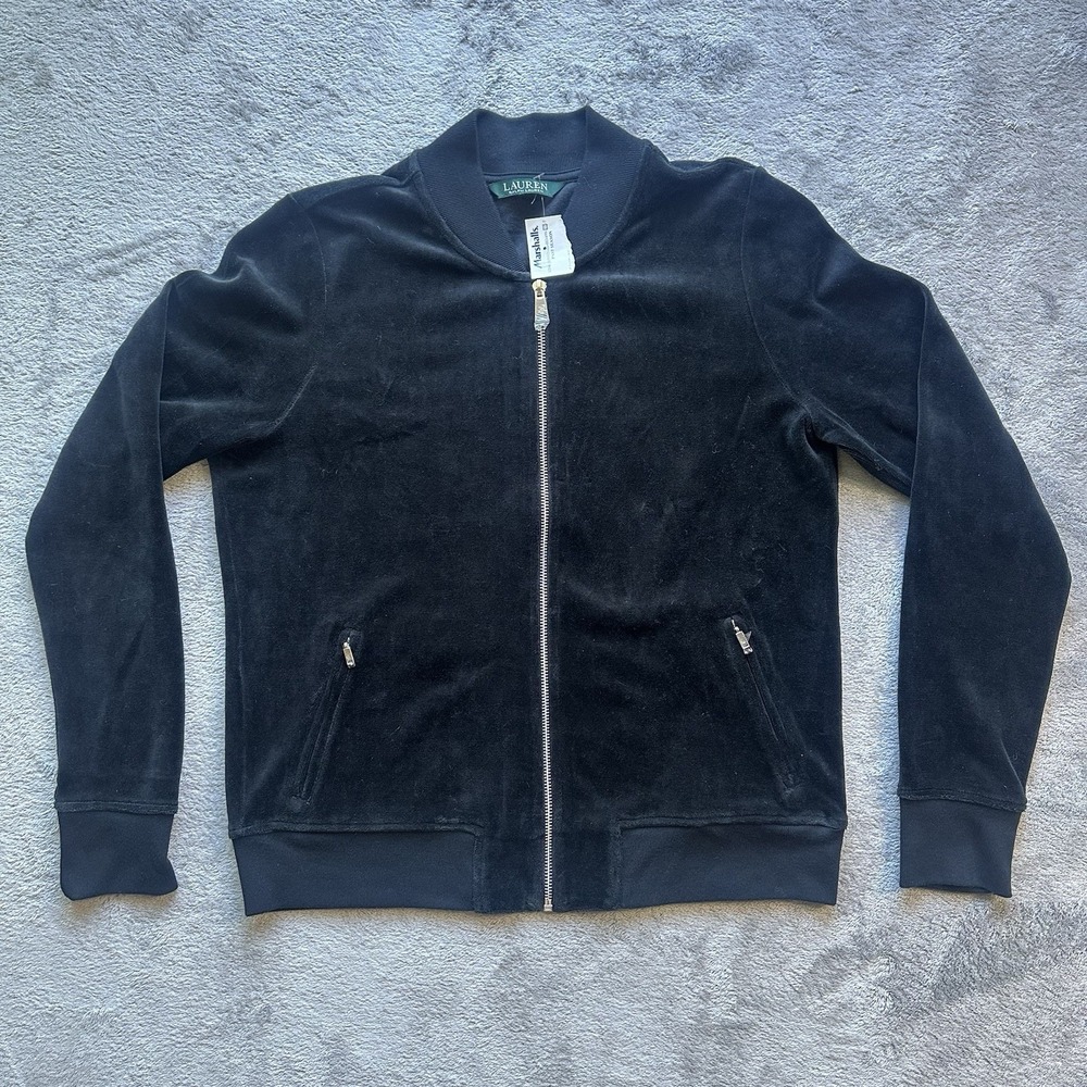 NWOT Lauren Ralph Lauren Women’s Velour Zip Up Jacket Black Bomber Style M Lux